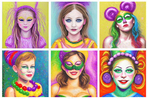 Vibrant collage of females in Mardi Gras poster art © Polarpx