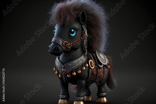 Cute horse in warrior mascot costume on black background. 12 Chinese zodiac signs horoscope concept. Generative AI