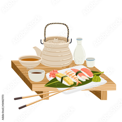 Japanese dinner with nigiri sushi, tea and sake on wooden table. Traditional Asian food. Vector art.