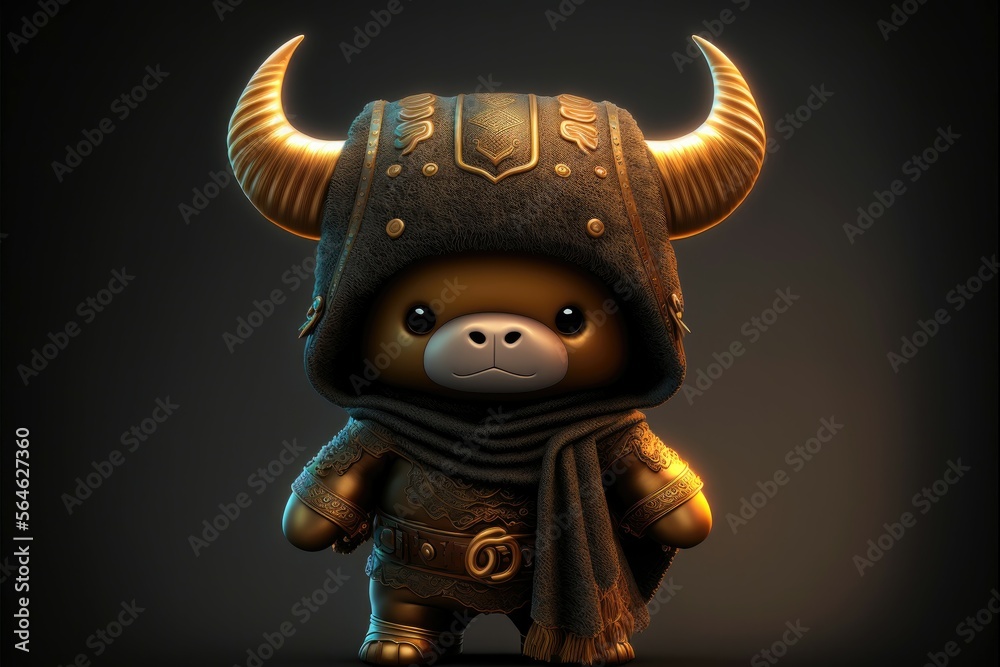 Cute ox in warrior mascot costume on black background. 12 Chinese zodiac signs horoscope concept. Generative AI - obrazy, fototapety, plakaty 