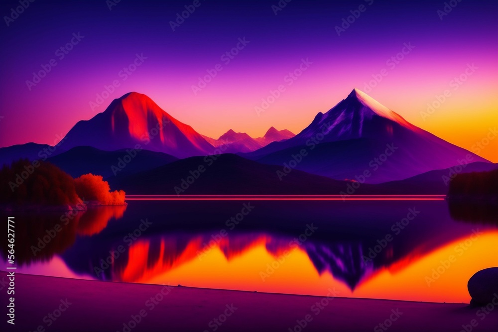 Fototapeta premium Cinematic, realistic 8k+ image, dark aura, with a mountain in the background with a large gate. The purple and orange sky.