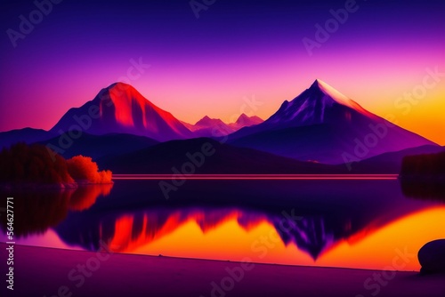 Cinematic, realistic 8k+ image, dark aura, with a mountain in the background with a large gate. The purple and orange sky.