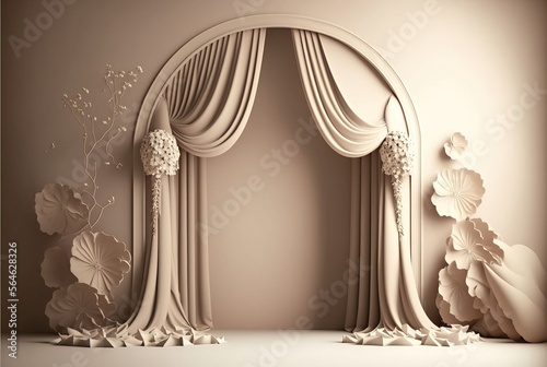 4K resolution or higher,  boho floral arch and cream draping fabric. Generative AI Technology photo