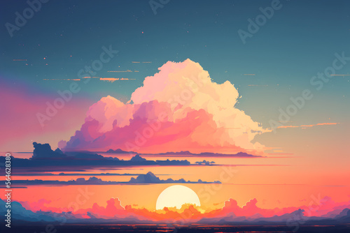 Pastel sunset sky and clouds drawing backgroud. Generative AI © tonktiti