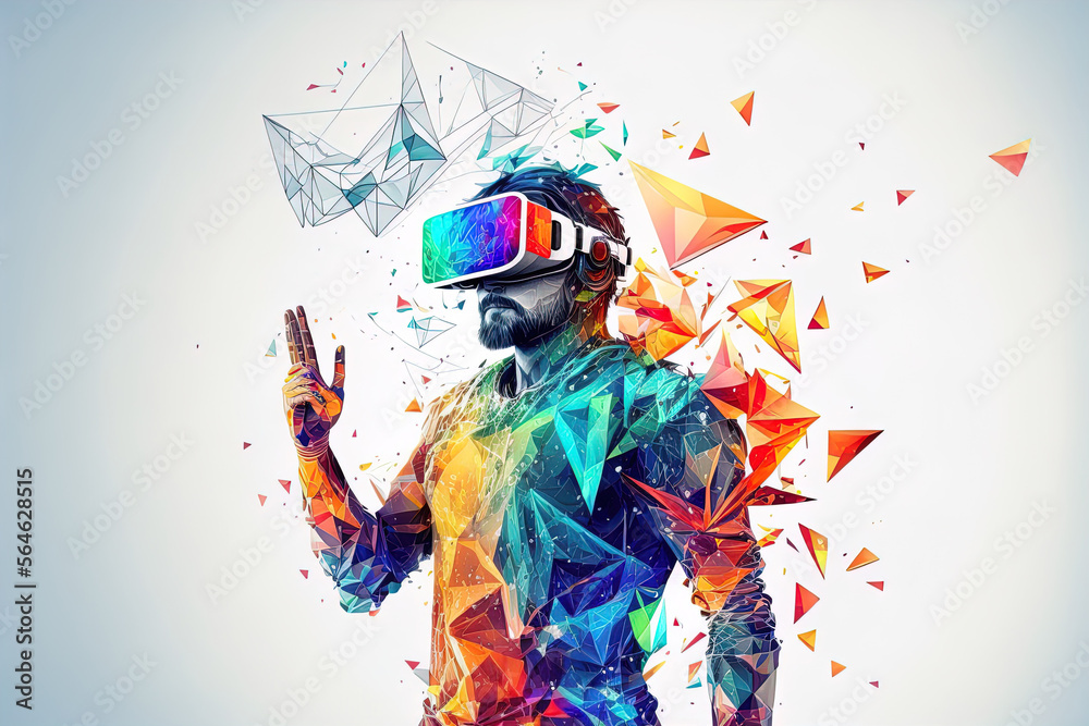 Obraz premium generative ai illustration holographic low poly man with vr headset