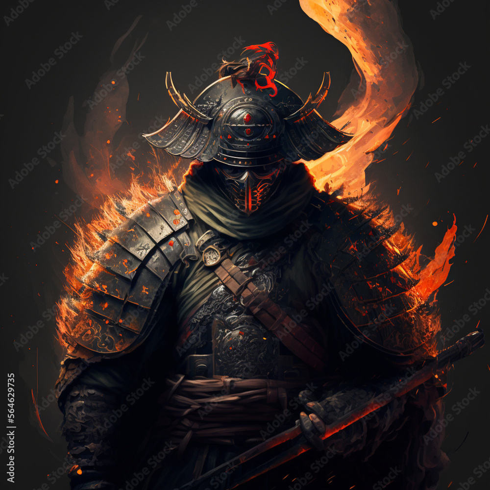samurai warrior in flaming armor portrait on black background samurai warrior in flaming armor portrait on black background