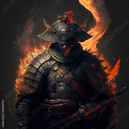 samurai warrior in flaming armor portrait on black background