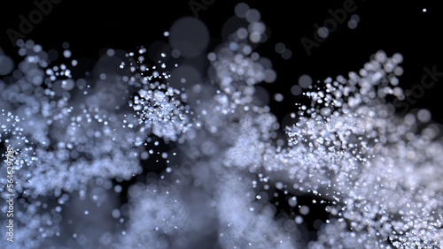 burst of transparent particles resembling water splash on black background. 3D rendering