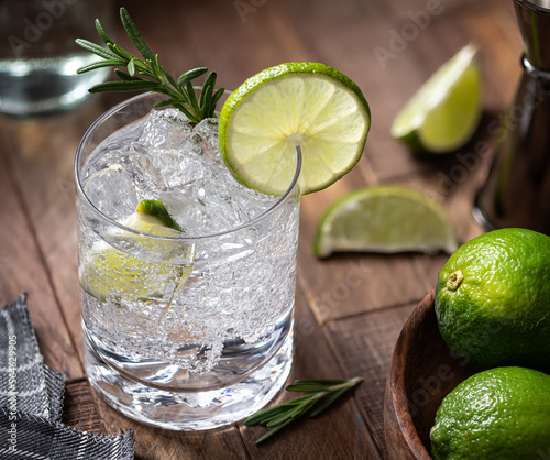 Gin and tonic cocktail with lime. rosemary and ice