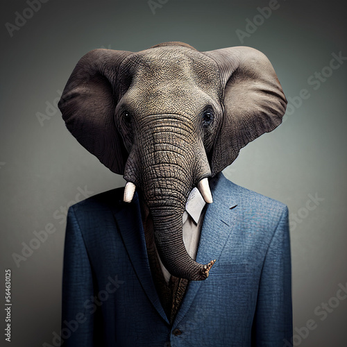 Portrait of an elephant in a suit on a gray background. Created by AI