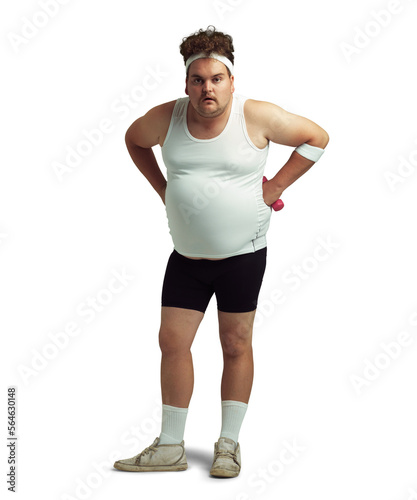An overweight man standing with his hands on his hips isolated on a PNG background.