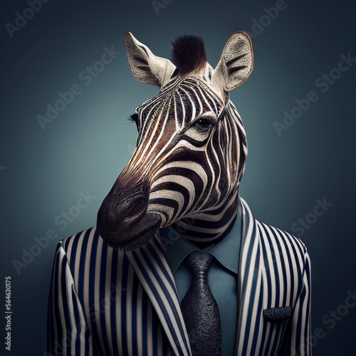 Funny portrait of a zebra in a business suit and tie. Created by AI