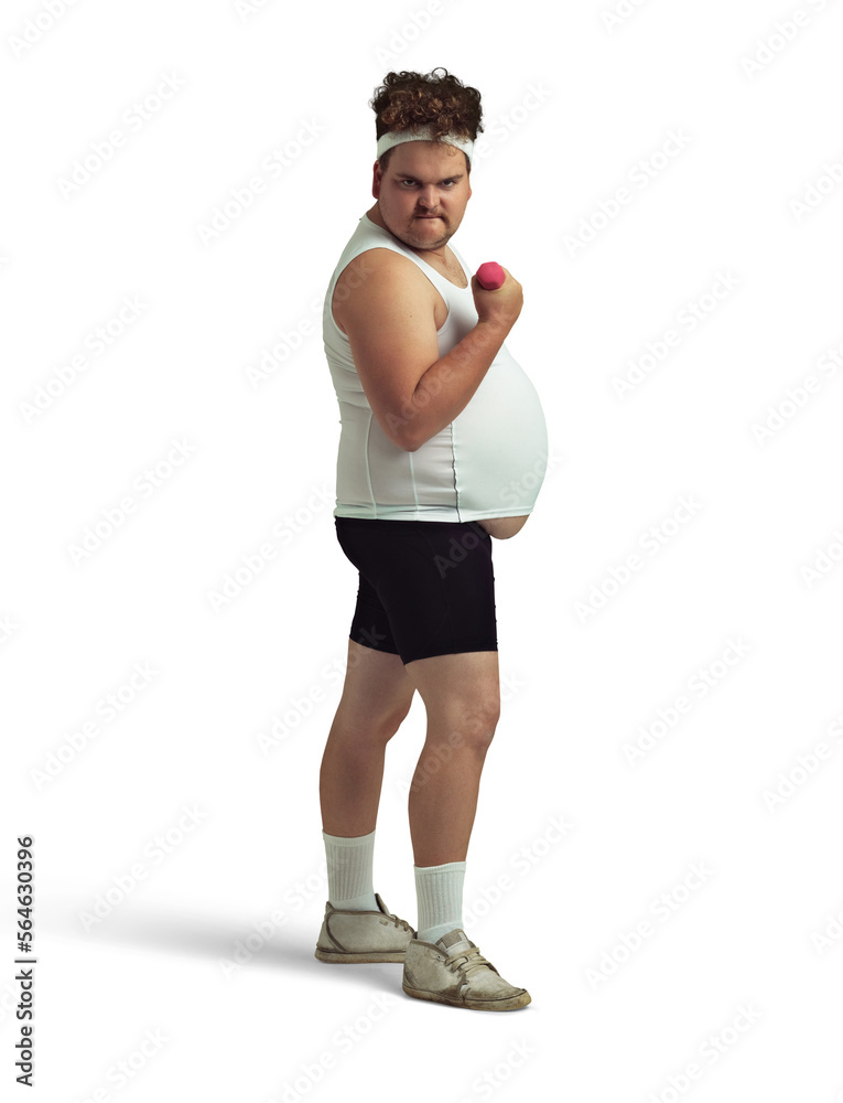 An overweight man lifting dumbbells isolated on a PNG background. An overweight man lifting dumbbells isolated on a PNG background.