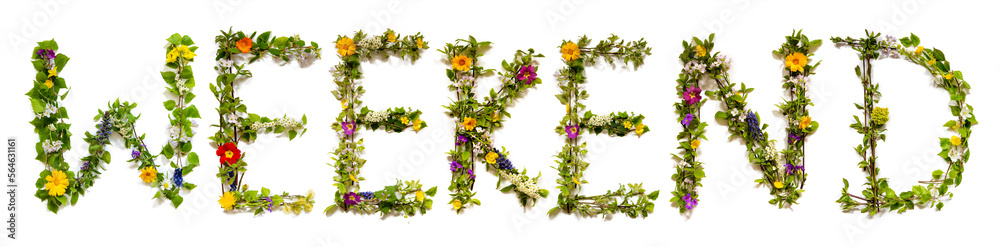 Fototapeta premium Blooming Flower Letters Building English Word Weekend