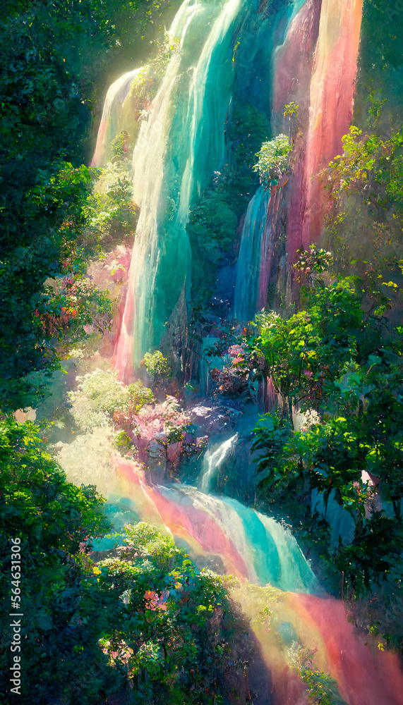 Fantasy anime landscape with rainbow waterfall. AI