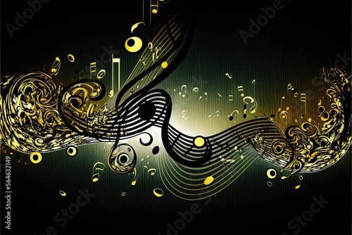 Wave lines trails flowing dynamic in different color isolated on black background. musical key and note. Abstract futuristic background, digital sound design concept. Generative ai