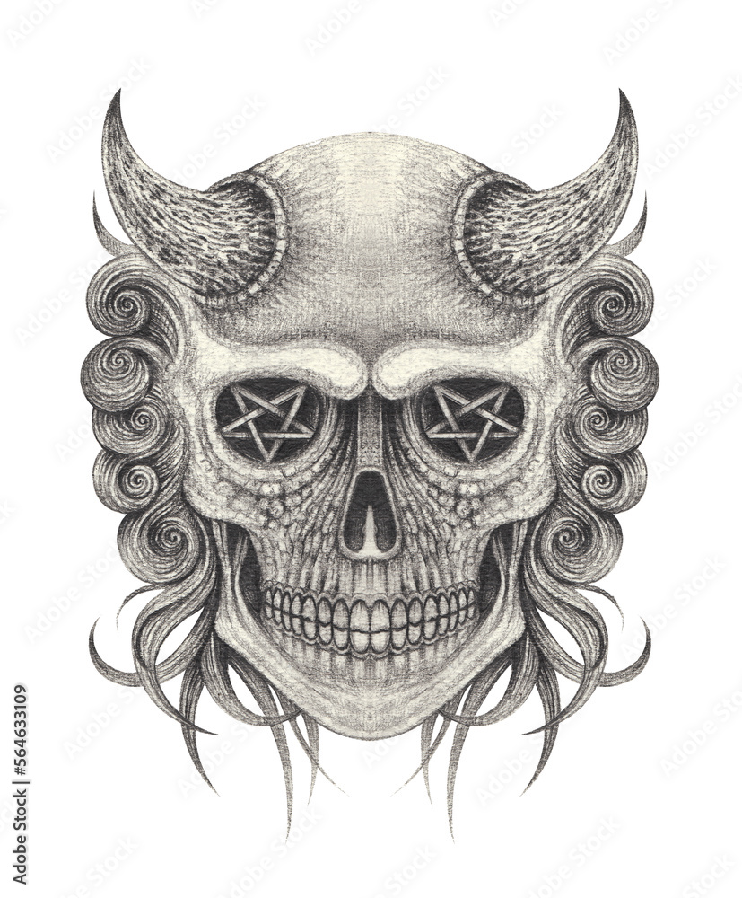 Art surreal devil skull tattoo. Hand drawing on paper. Art surreal devil skull tattoo. Hand drawing on paper.