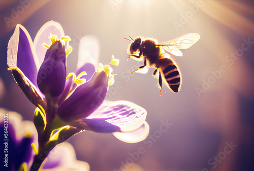 Foto A close-up of a bee hovering over a vibrant and colorful flower, with its wings