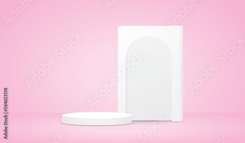 white minimal podium display with arch signboard 3d illustration vector on sweet pastel background for putting object