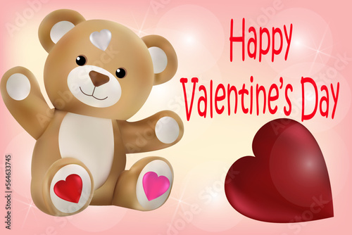 Teddy bear and a big heart on a pink background with the inscription Happy Valentine's Day. Vector image © IronG96