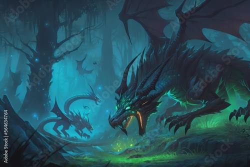 Dragon in the fantasy deep forest illustration. Generative AI. © SaraY Studio 