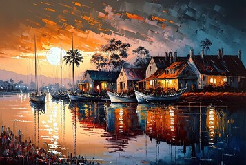 Glasbilder Sammlungen oil painting style illustration of cityscape view inspired from Marina Australia Generative Ai  © QuietWord