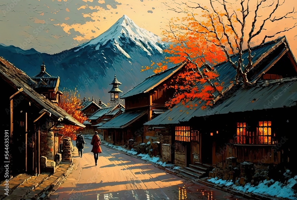 painting style illustration of a vintage old Japanese town with beautiful nature in spring time when cherry tree blossoming Generative Ai
