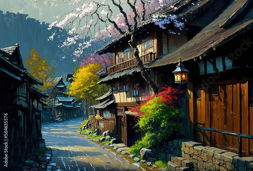 painting style illustration of a vintage old Japanese town with beautiful nature in spring time when cherry tree blossoming Generative Ai