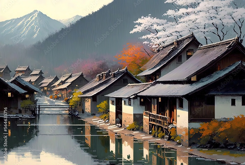 Obraz premium painting style illustration of a vintage old Japanese town with beautiful nature in spring time when cherry tree blossoming Generative Ai
