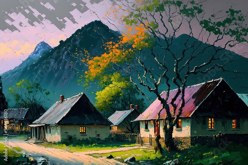 oil paining style illustration of Asian ancient village in spring season with flower blossom tree Generative Ai photo