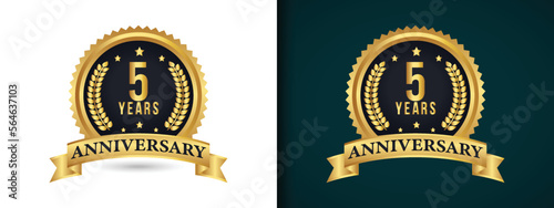 5 years anniversary logo template. 5 Years Anniversary badge with gold style. Five years golden labels and badges. Happy jubilee,5 years. 5th year. Vector