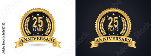 25th Years Anniversary badge with gold style. Premium golden anniversary emblem. Twenty-five abstract golden signs. Happy jubilee, 25 years. 25 Years Anniversary badge. Vector Illustration photo