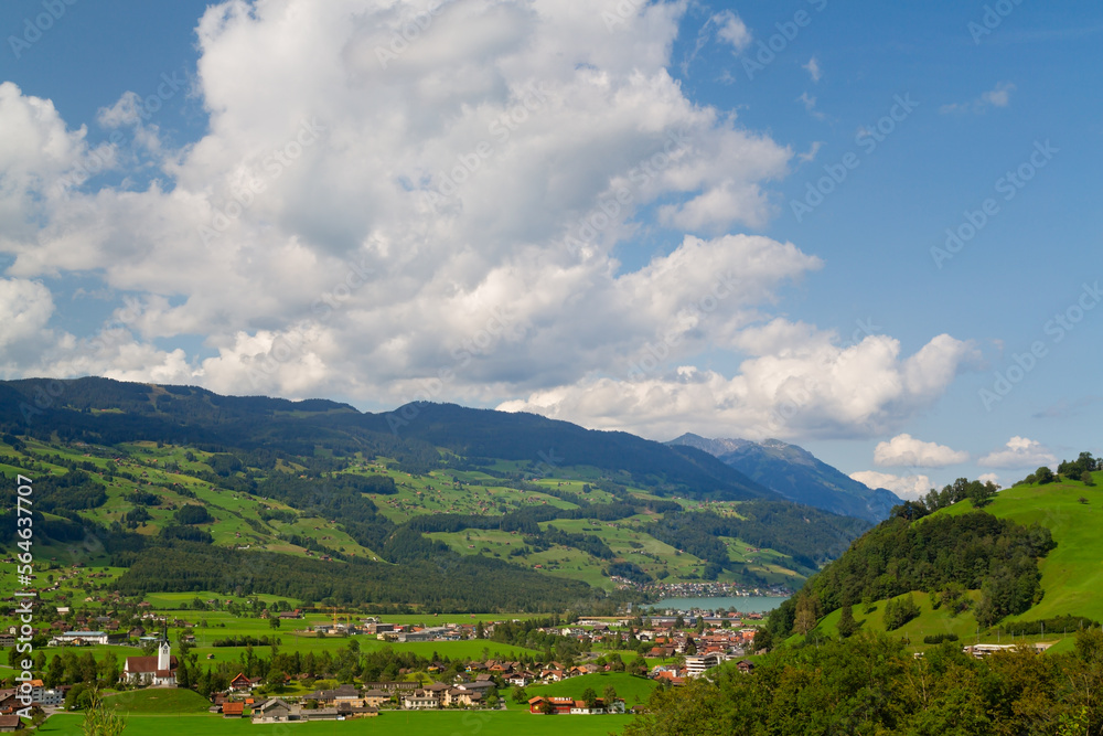 Fototapeta premium Panoramic view of lake Sempachersee, Swiss Alps, Switzerland