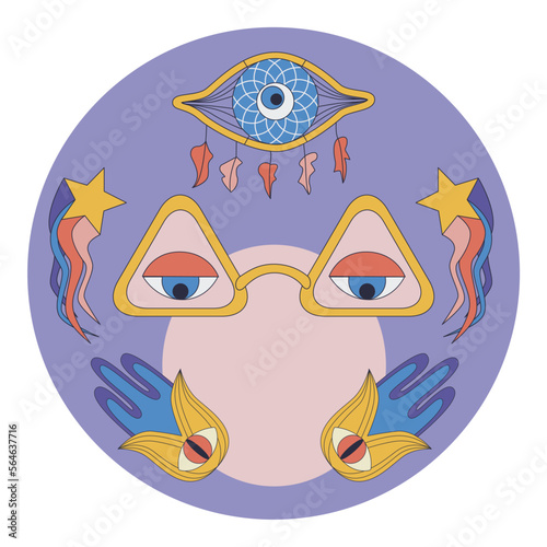 Psychedelic 1970 vibe round cover for box, bottle. Mystic unearthly trippy retro design with text space. Shooting stars, magic eye glasses, dream catcher and fatima hand elements. Vector illustration.