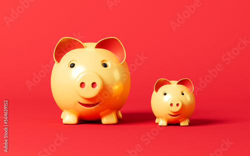Gold piggy banks in the red background  3d rendering.