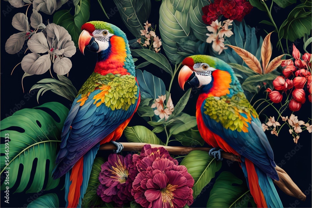tropical pattern with parrots and flowers in bright colors