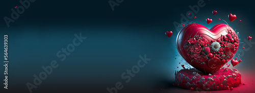 3D Render of Red Heart Shape Decorated With Floral On Podium. Valentine's Day Concept.