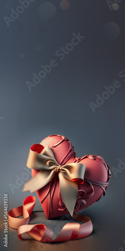 3D Render, Matte Red Heart Shape Wrapped With Bronze Bow Silk Ribbon.