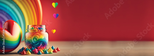 Valentine Or Love Concept With Hearts With Swirl Jar On Rainbow Style Illustration. 3D Render.