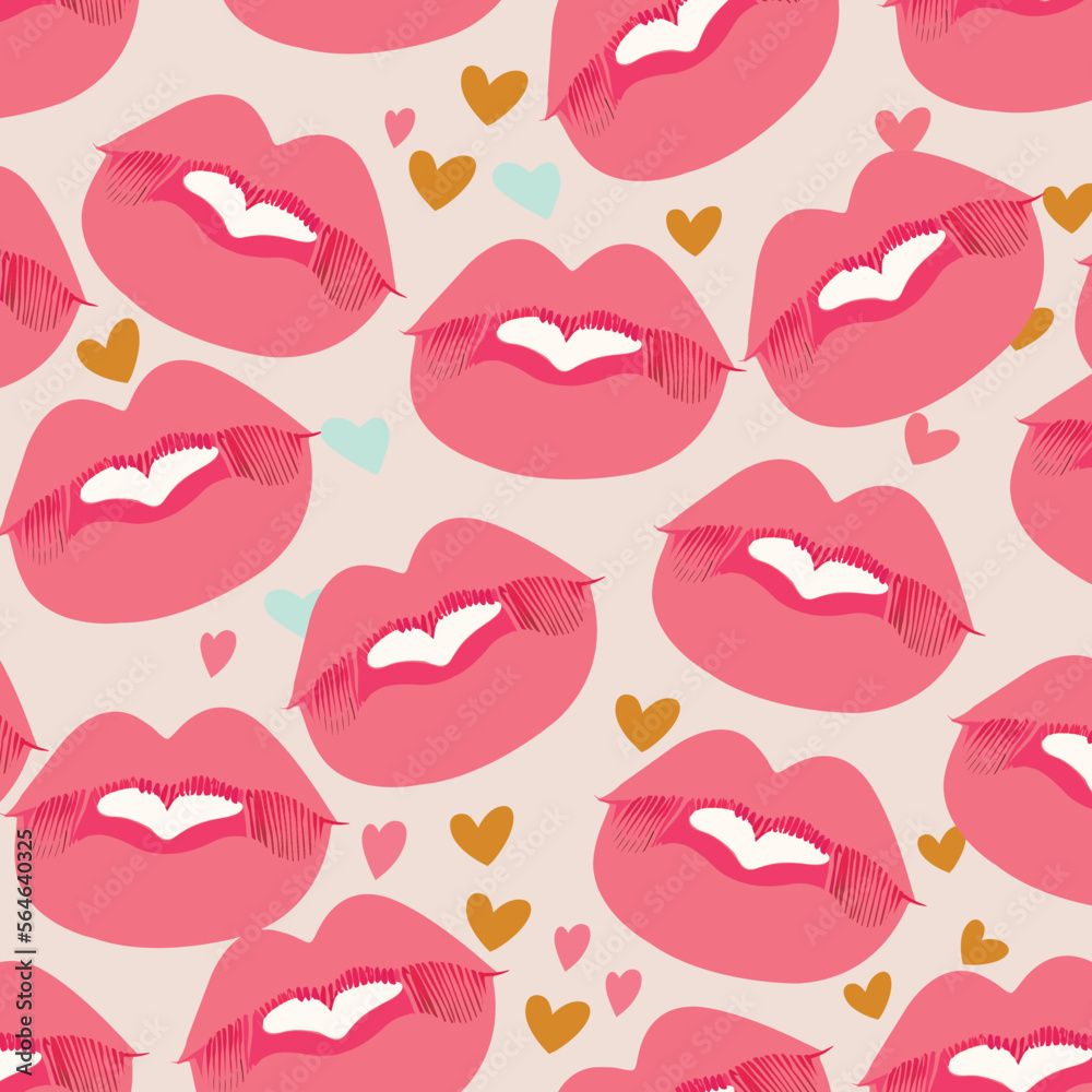 Pastel Red Lips And Hearts Pattern Background. Love or Valentine's Day Concept. Pastel Red Lips And Hearts Pattern Background. Love or Valentine's Day Concept.