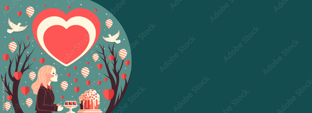 Valentine's Day Background With Young Girl Character, Desserts, Balloons, Paper Hearts, Bare Trees And Flying Doves.