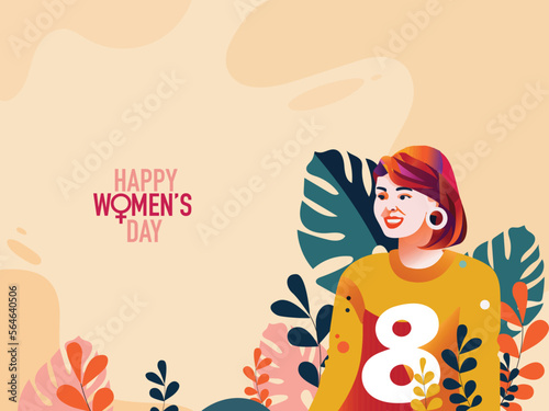 Happy Women's Day Concept With Cheerful Young Girl Character On Colorful Tropical Leaves Background.
