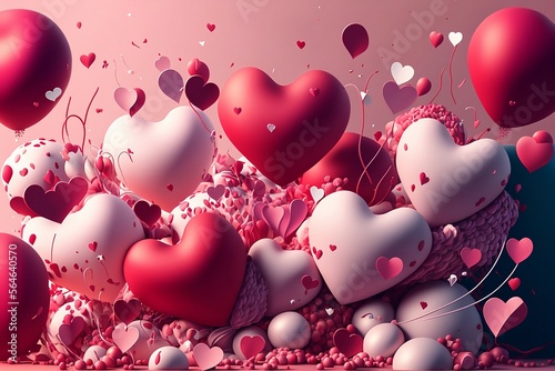 Valentine's day background with ballons and hearts in red and pink color. Generative AI