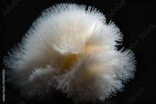 Close up of Lion's Mane edible fungus, Hericium erinaceus on a black background