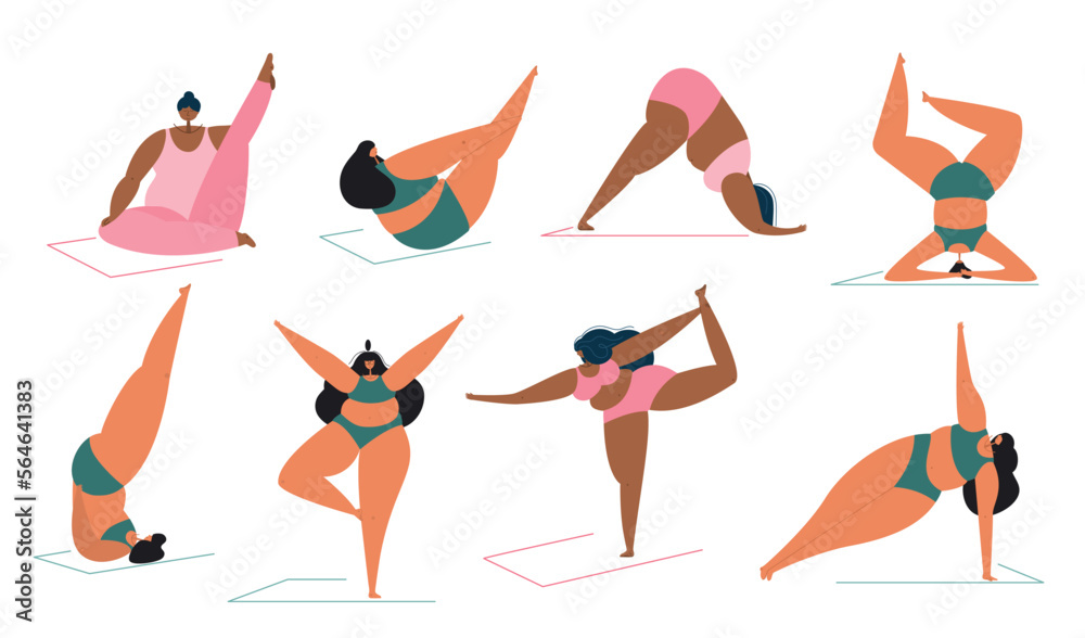 Set with body positive women do YOGA or fitness. Headstend, boat pose, dolphin pose and other. PLUS size women is NORMAL. Can be used for self care social projact.
