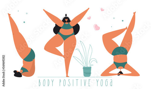 Set with body positive women do YOGA or fitness. Headstend pose, shoulderstend pose, tree pose. PLUS size women is NORMAL. Can be used for self care social projact.
