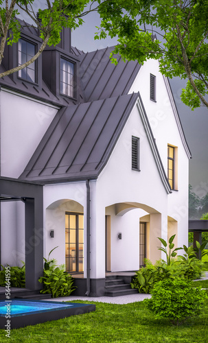 3d rendering of cute cozy white and black modern Tudor style house with parking  and pool for sale or rent with beautiful landscaping. Fairy roofs. Clear summer evening with cozy light from window