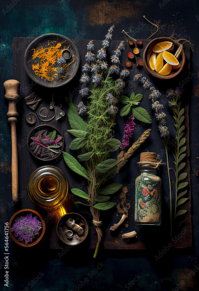 Top view still life alternative medicine with natural herbal remedies, flowers, essential oils and healing crystals. Homeopathic ingredients and natural medicines. Ai generated - obrazy, fototapety, plakaty 