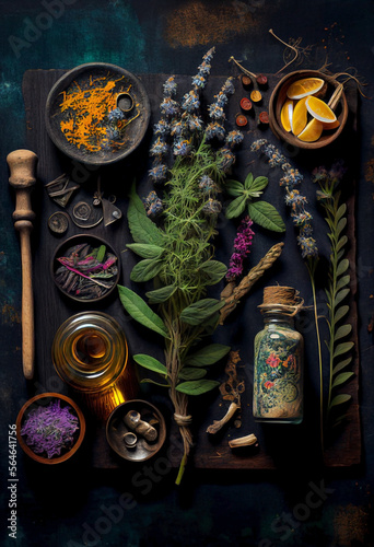Top view still life alternative medicine with natural herbal remedies, flowers, essential oils and healing crystals. Homeopathic ingredients and natural medicines. Ai generated