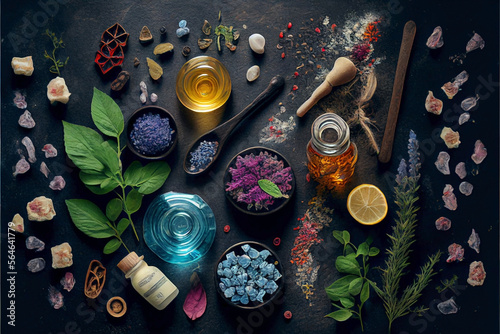 Top view still life alternative medicine with natural herbal remedies, flowers, essential oils and healing crystals. Homeopathic ingredients and natural medicines. Ai generated